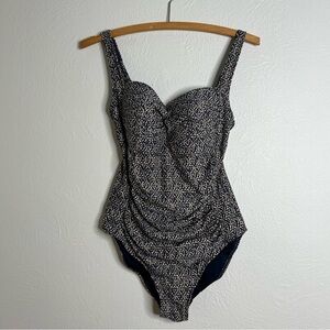 Niptuck Swim Navy White Gold Shirred Maillot Stripe One Piece Swimsuit Size 6